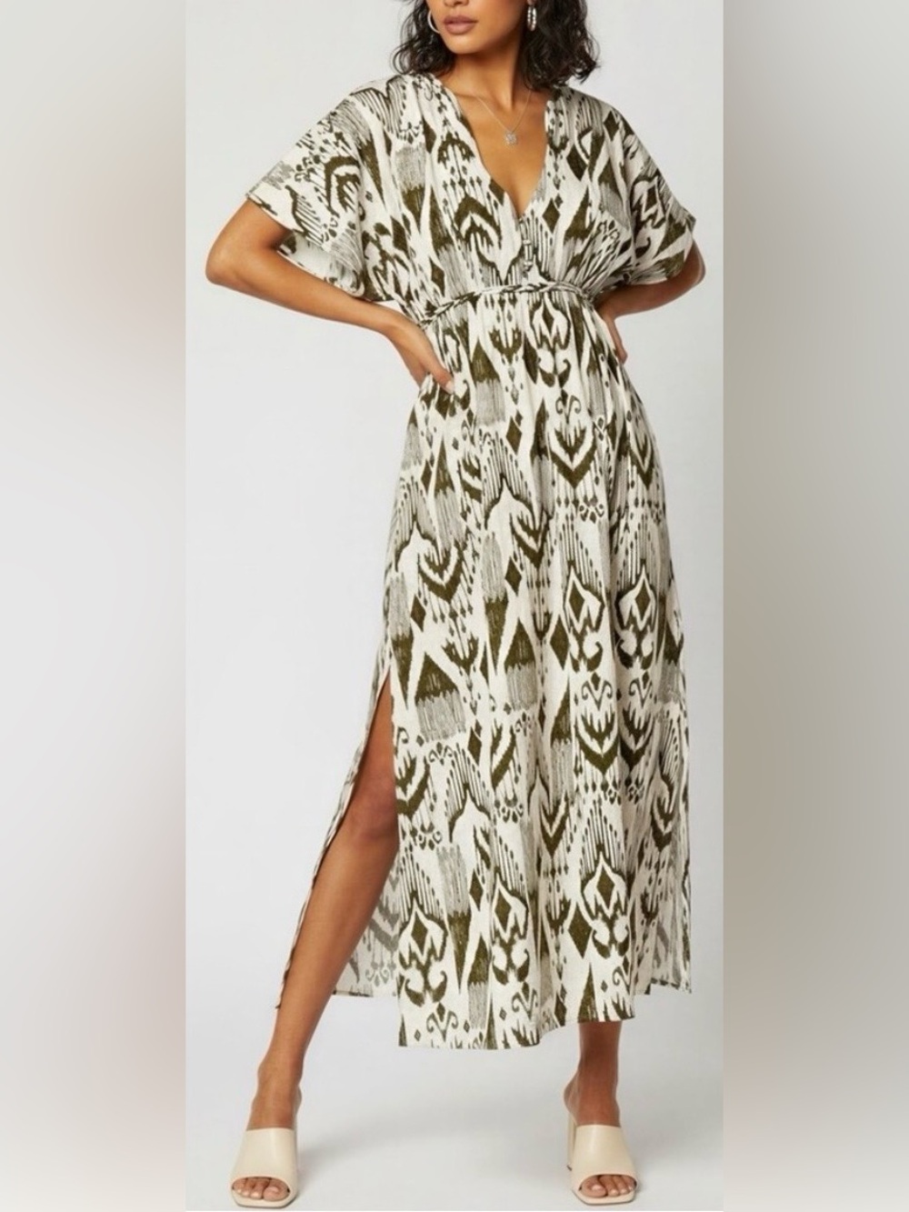 Misa Los Angeles Olive and Ivory Printed Maxi Dress | Size XS